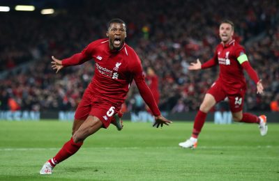 LIVERPOOL, ENGLAND - MAY 07:  Georginio Wijnaldum of Liverpool celebrates after scoring his team's third goal during the UEFA Champions League Semi Final second leg match between Liverpool and Barcelona at Anfield on May 07, 2019 in Liverpool, England. (Photo by Clive Brunskill/Getty Images)