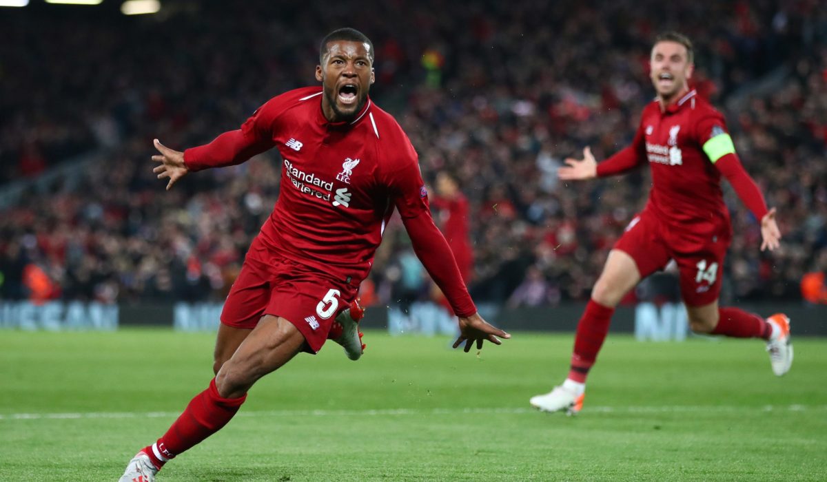 LIVERPOOL, ENGLAND - MAY 07:  Georginio Wijnaldum of Liverpool celebrates after scoring his team's third goal during the UEFA Champions League Semi Final second leg match between Liverpool and Barcelona at Anfield on May 07, 2019 in Liverpool, England. (Photo by Clive Brunskill/Getty Images)