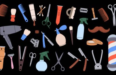Barber shop equipments. Hairdressing tool kit. Hairdresser tool set. Barber pole, razor blade, hair clipper, scissors, comb, dryer, spray bottle. Isolated on black background