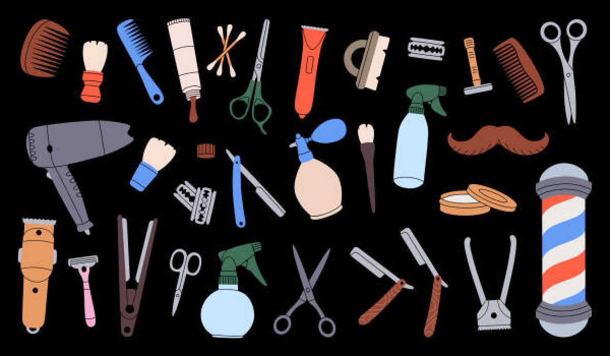 Barber shop equipments. Hairdressing tool kit. Hairdresser tool set. Barber pole, razor blade, hair clipper, scissors, comb, dryer, spray bottle. Isolated on black background