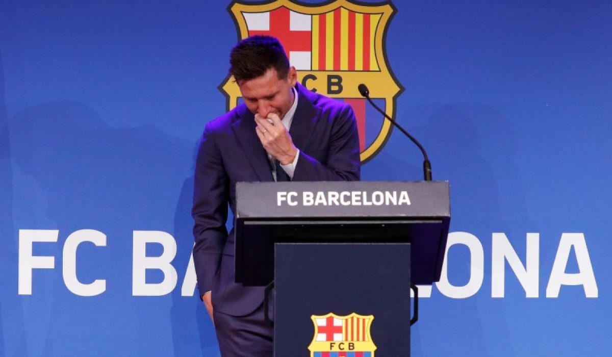 Soccer Football - Lionel Messi holds an FC Barcelona press conference - 1899 Auditorium, Camp Nou, Barcelona, Spain - August 8, 2021 Lionel Messi during the press conference REUTERS/Albert Gea