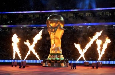 A giant World Cup Trophy during the opening ceremony of the FIFA World Cup 2022 at the Al Bayt Stadium, Al Khor. Picture date: Sunday November 20, 2022.