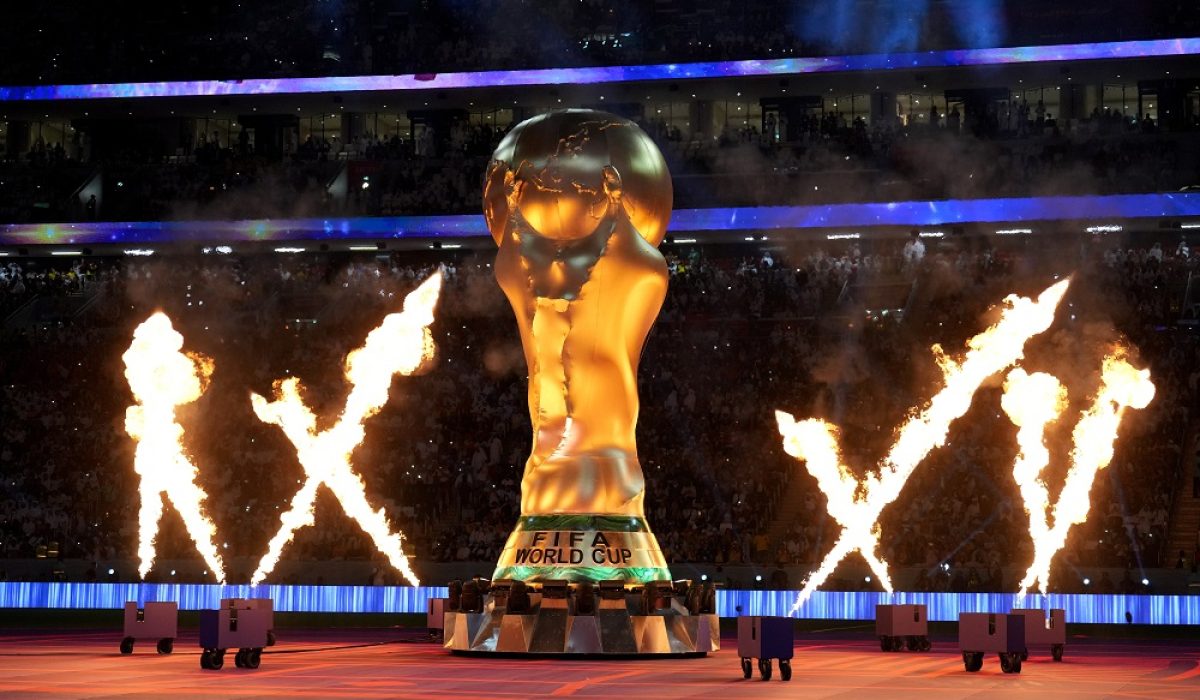 A giant World Cup Trophy during the opening ceremony of the FIFA World Cup 2022 at the Al Bayt Stadium, Al Khor. Picture date: Sunday November 20, 2022.