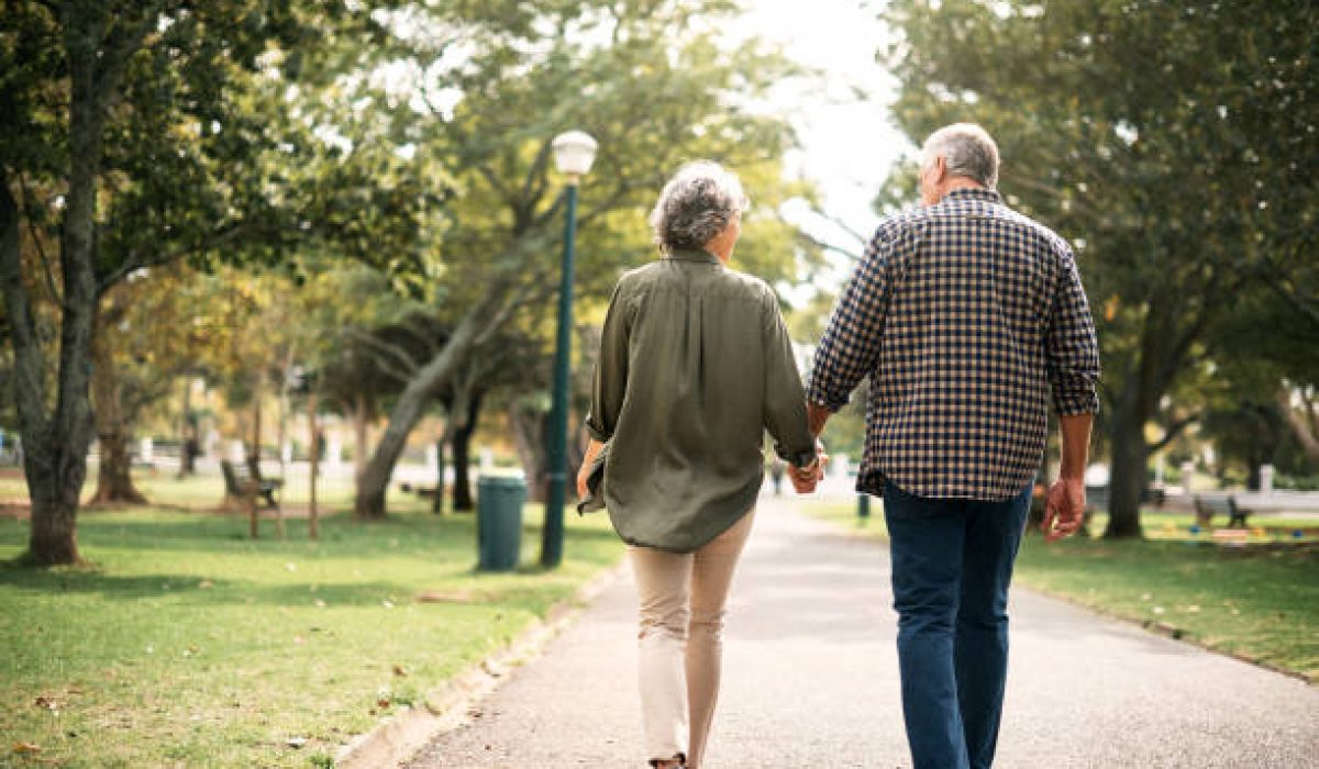 Rearview shot of a senior couple going for a walk in the park